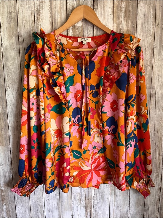 Umgee Tops - Umgee Floral Ruffle Tie Neck Blouse Smocked Cuff Boho Top Small Boutique